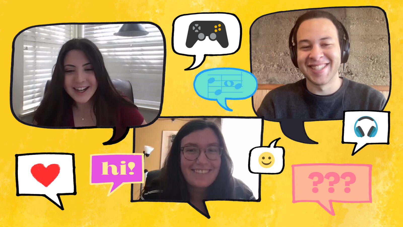 Images of three students smiling, surrounded by colorful illustrations of speech bubbles and emojis 