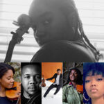 A collage of portraits of performers, some holding string instruments