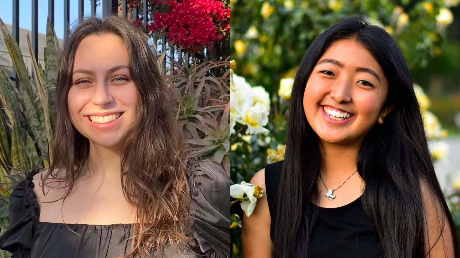 Two smiling students outdoors in separate locations 