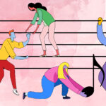 Illustration of people building music together