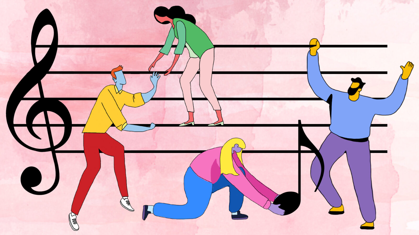 Illustration of people building music together 