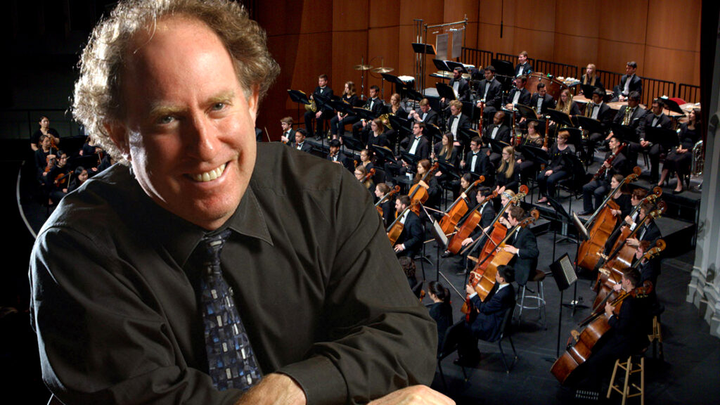 Photo of Jeffrey Kahane with USC Thornton orchestra