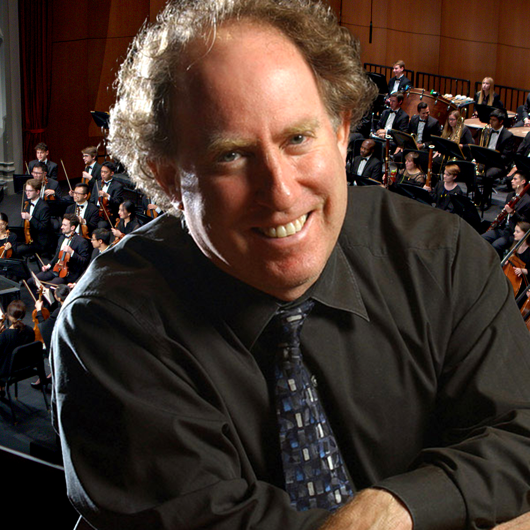 Photo of Jeffrey Kahane superimposed on image of the USC Thornton symphony 