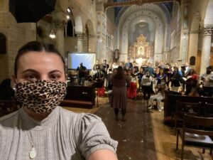 Jasmine Khorsandi with a selfie in a dress reheaesal inside a church. 