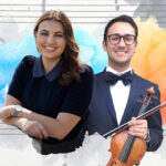 Photo illustration of two music students with watercolor design