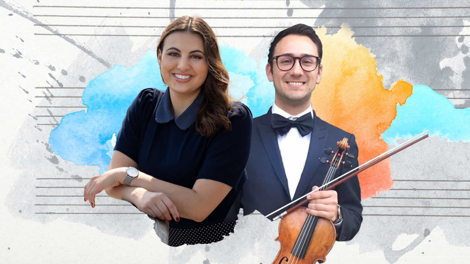 Photo illustration of two music students with watercolor design 