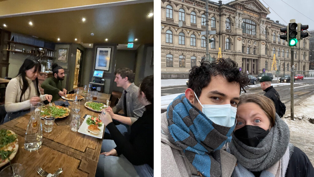 To the left of this collage of two pictures, students are seen having a meal on a table indoors. To the right, two students pose for a picture outdoors on the city streets of Heksinki. 