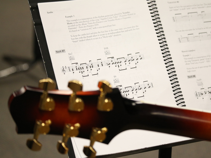 This is a view of the guitar up-close and sheet music on a stand in the background. 