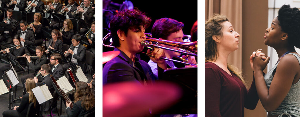 This collage of three photos shows students of various ensembles performing indoors. 