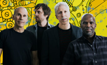 Photo illustration of the popular jazz group the Yellowjackets with drawings of musical instruments behind them.