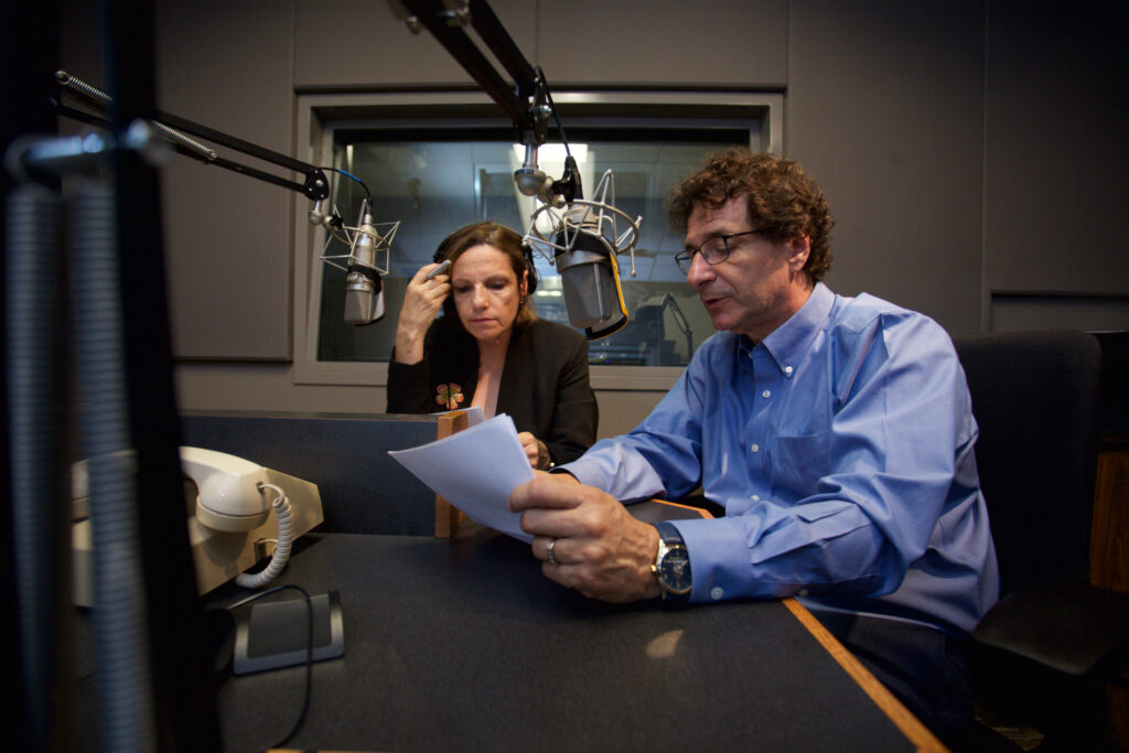 2016: Robert Cutietta in the Classical KUSC studio with Gail Eichenthal. Both co-hosted the USC Thornton radio program "Ask the Dean" for ten years. (Photo by Dario Griffin)