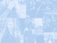 Photo collage of students with blue sky gradient colors.