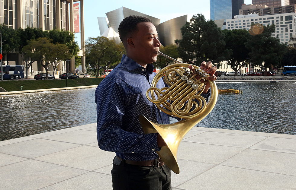 French horn player in downtown Los Angeles.