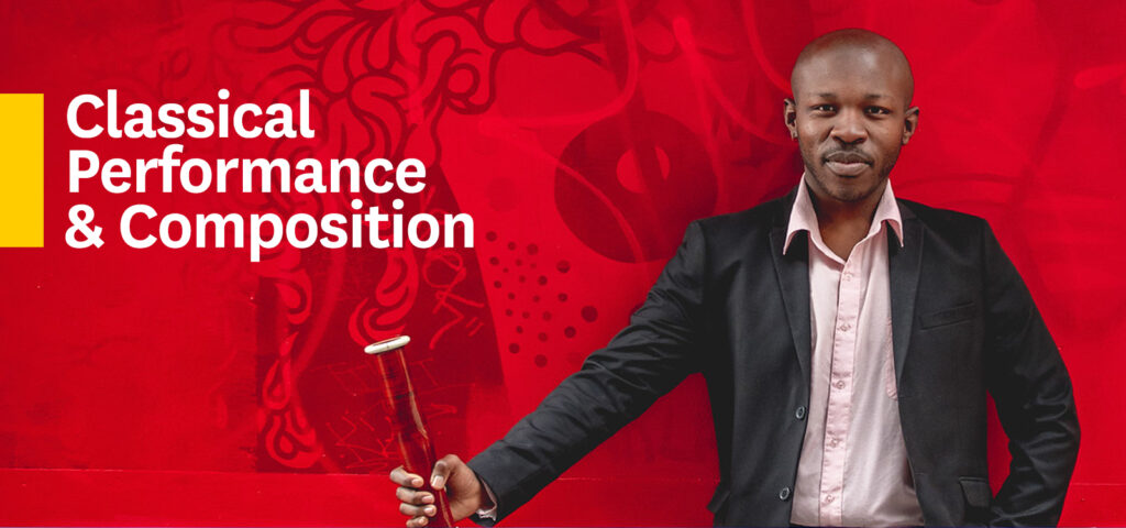 Image of musician with red background and text that says classical performance and composition.