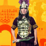 Photo collage of a woman dressed in a USC Trojan drum major costume holding a sword.