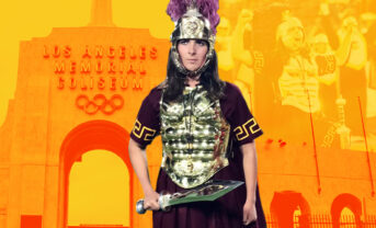 Photo collage of a woman dressed in a USC Trojan drum major costume holding a sword.