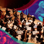 Photo of an orchestra performing on stage with illustrated elements surrounding it.
