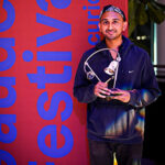 Photo of composer Rohan Chander accepting the 2022 Gaudeamus Award.