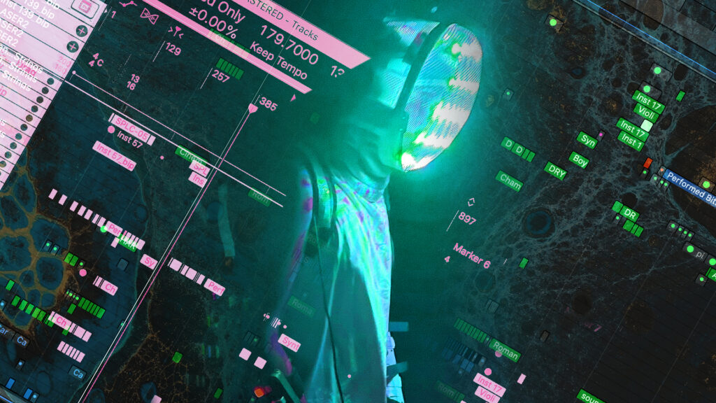 A music performer stands outside at night wearing an illuminated face mask surrounded by digital music illustrations.