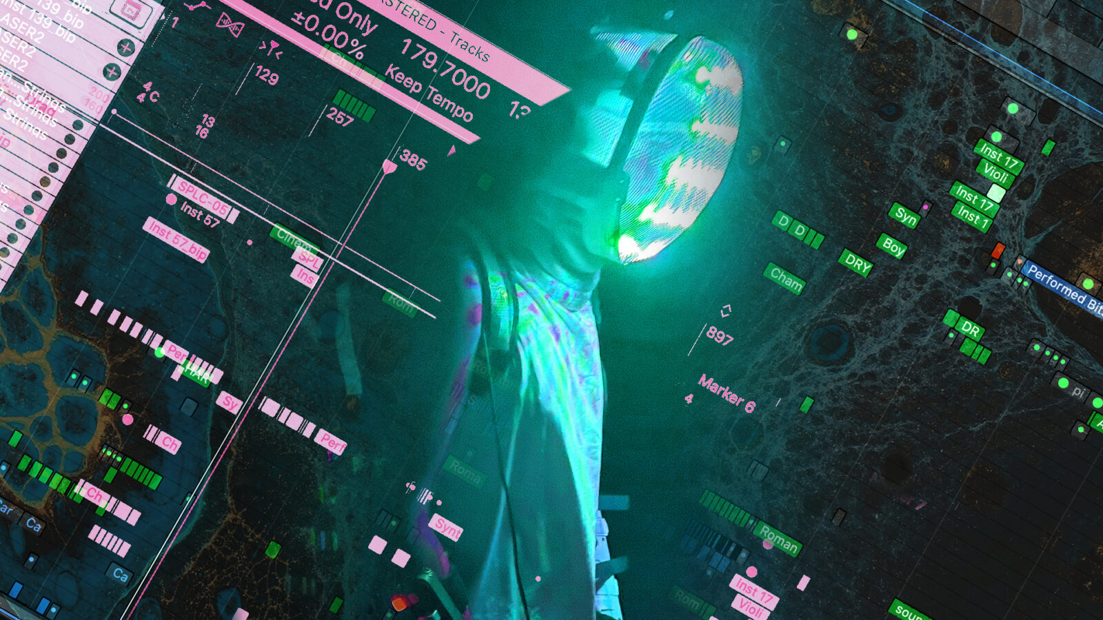 A music performer stands outside at night wearing an illuminated mask surrounded by digital music illustrations. 