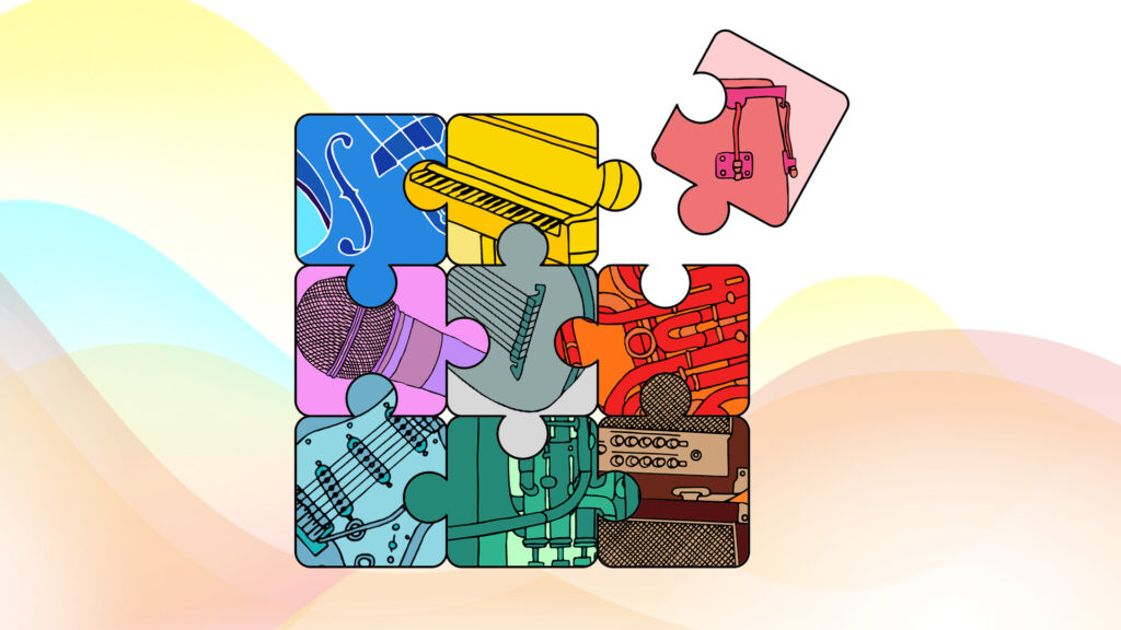 Illustration of musical instruments as puzzle pieces.