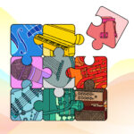 Illustration of puzzle pieces with cartoon music instruments.
