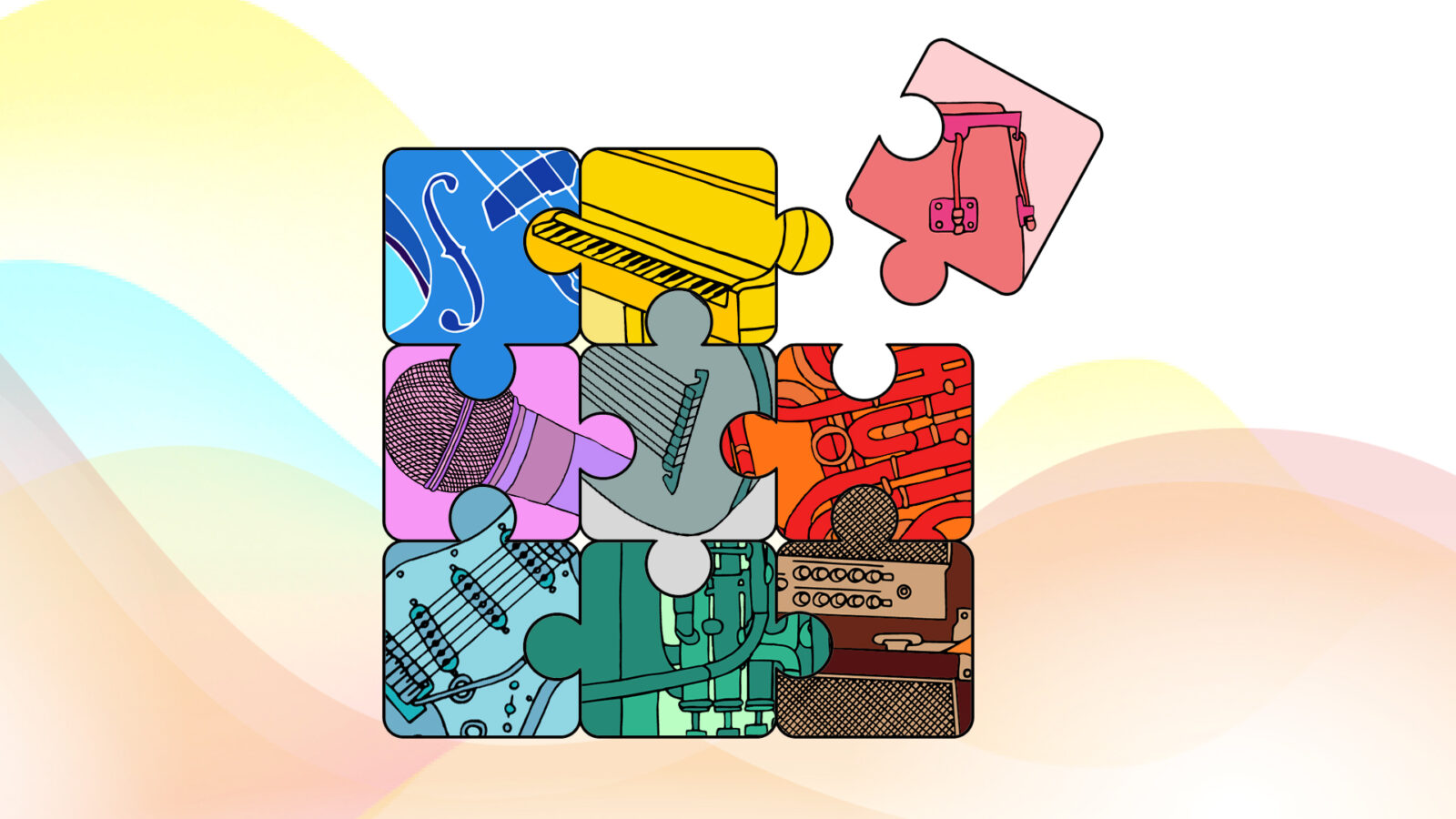 Illustration of puzzle pieces with cartoon music instruments. 