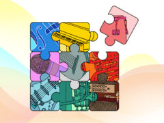 Illustration of puzzle pieces with cartoon music instruments.