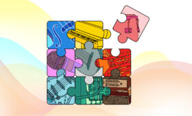 Illustration of puzzle pieces with cartoon music instruments.