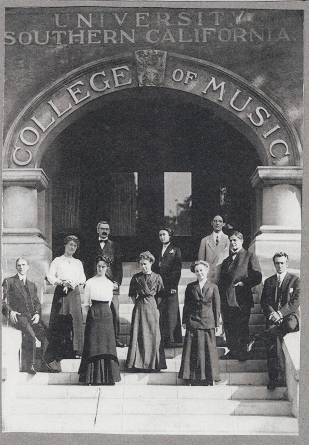 1909: The USC College of Music faculty in front of the Music Entrance of the Old College.