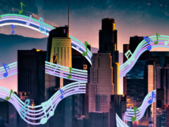 Photo illustration of music notes swirling through a photo of a skyline of Los Angeles.