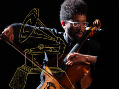 Photo of Seth Parker Woods performing with an illustration of a GRAMMY Award.