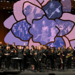 Photo collage of an illustrated purple flower and a symphony orchestra.