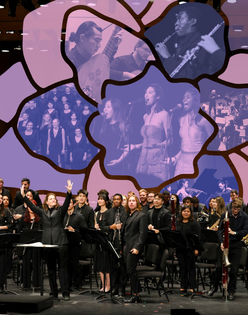 Photo collage of an illustrated purple flower and a symphony orchestra.