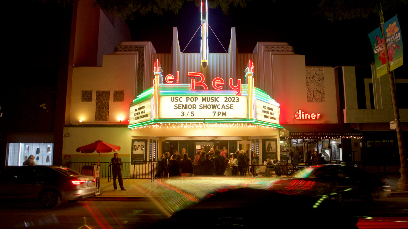 Exterior of the El Rey with the 2023 USC Pop Music Showcase marquee. 