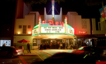 Exterior of the El Rey with the 2023 USC Pop Music Showcase marquee.