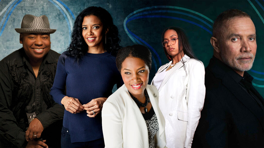 Photo collage of musicians and composers in performance attire in front of a green watercolor background for playlist celebrating Black History Month.