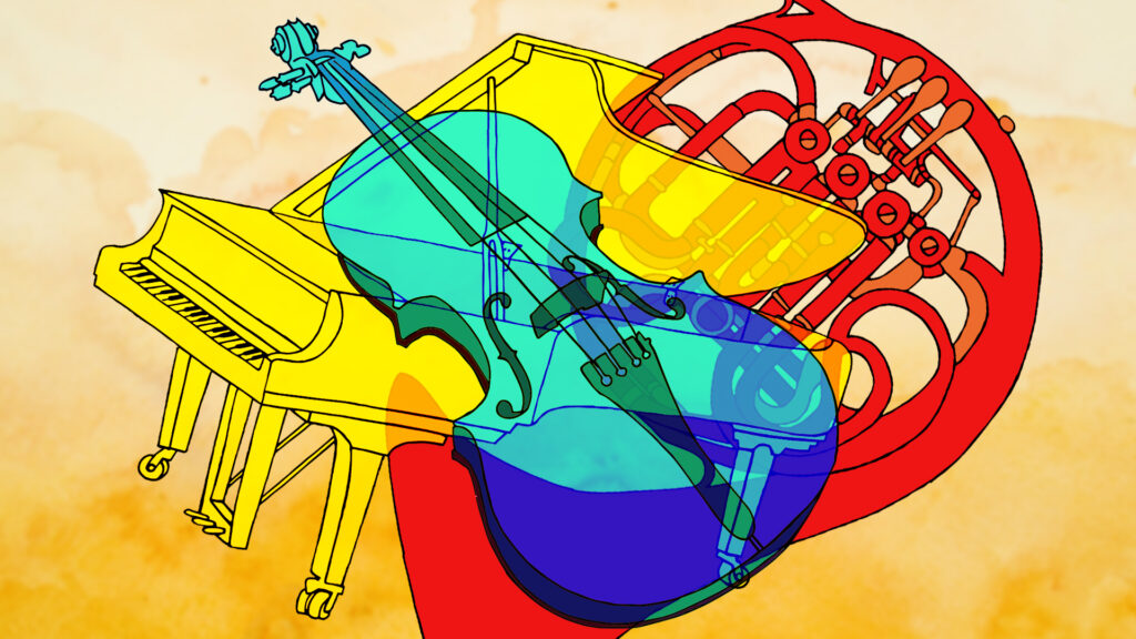 Illustration of colorful musical instruments overlapping each other.