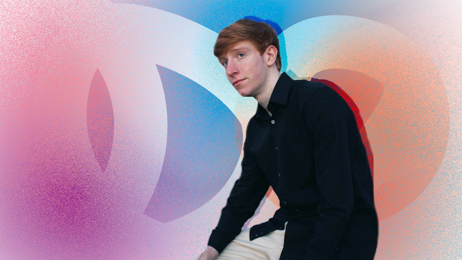 Photo of a music student in front of a colorful illustrated background. 