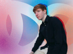 Photo of a music student in front of a colorful illustrated background.