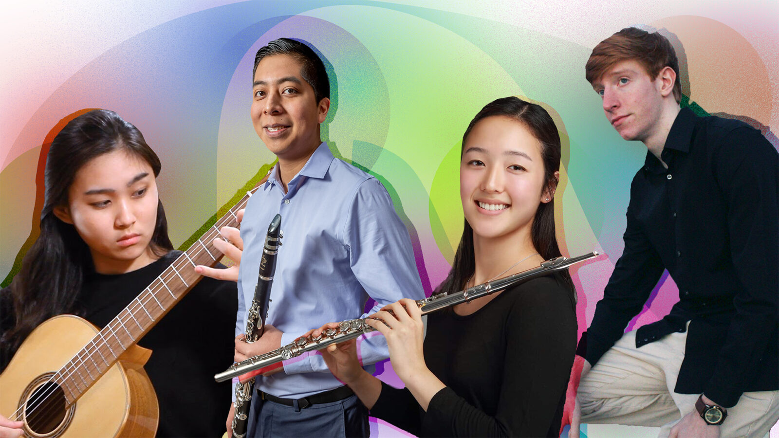 Music students smile holding their instruments in front of a colorful background. 