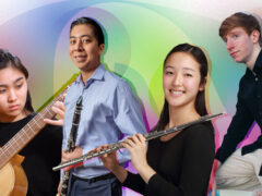 Music students smile holding their instruments in front of a colorful background.