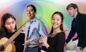 Music students smile holding their instruments in front of a colorful background.