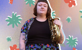 Photo of Nicole McCabe holding her saxophone in front of an illustrated background.