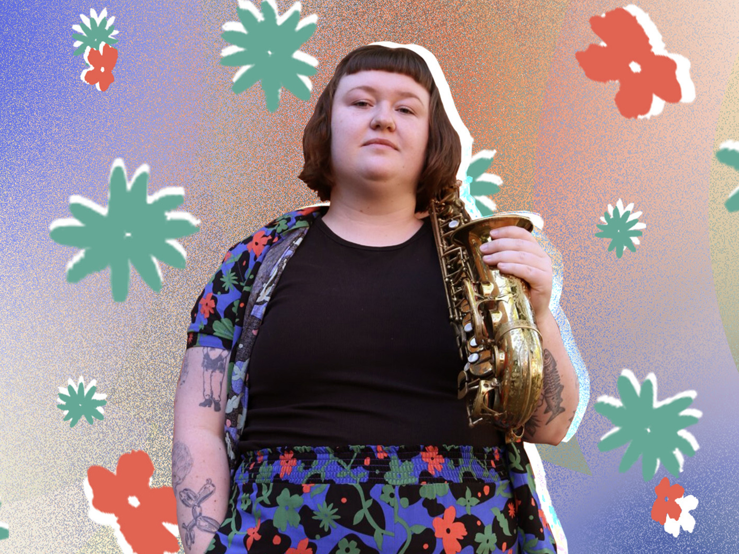 Nicole McCabe holding her saxophone in front of an illustrated background. 