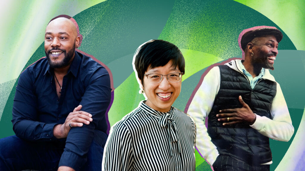 Photo collage of smiling professors of music in front of an illustrated green background.