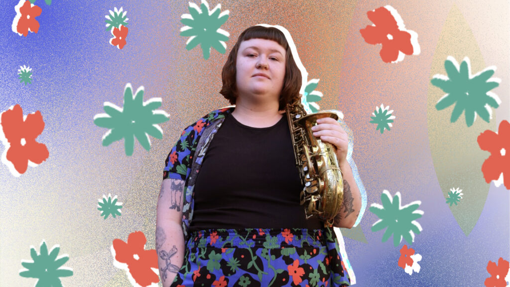 Photo of Nicole McCabe holding a saxophone and standing within an illustrated background of flowers and palm trees.