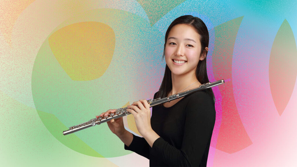 Photo of Jamie Kim holding a flute in front of a colorful illustrated background.