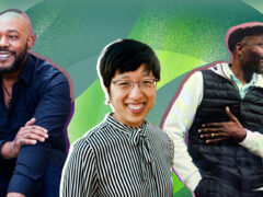 Photo collage of music teachers against a colorful green background.