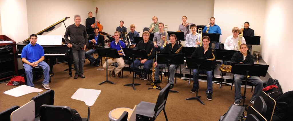 A classroom with student jazz musicians.